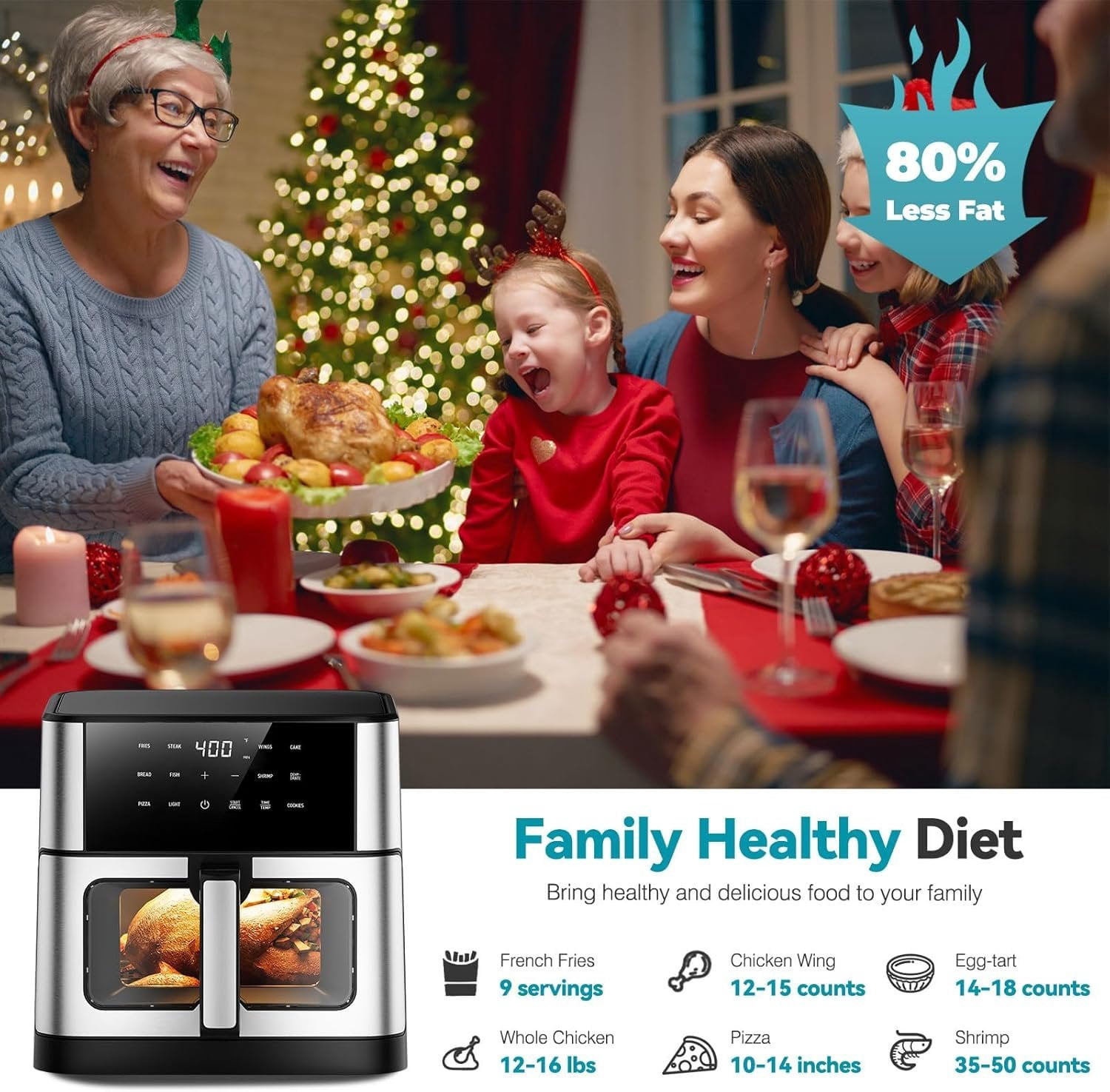 Air Fryer 10.2 QT Oilless 1700W Large Capacity Oven Air Fryers Cooker with 10 Preset, Large AirFryer for Families Visual Cooking Window, Non- Basket, Included Recipe