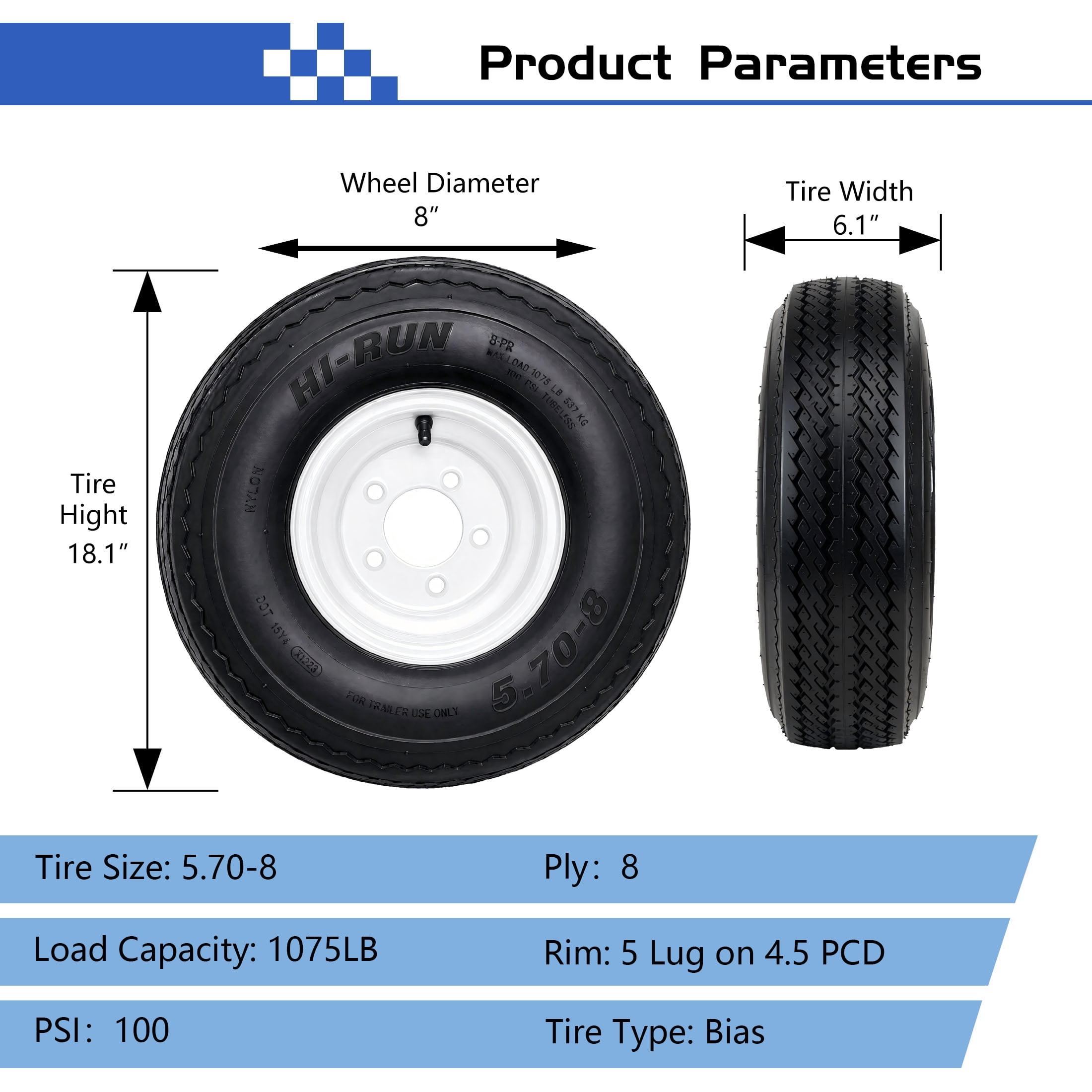 Hi-Run 2 Set SU02 5.70-8 8PR Boat Trailer Tire and 5-Lug White Wheel Assembly