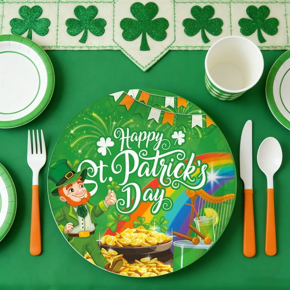 Cheapark St. Patricks Day Irish Clover Print Disposable Tableware Set Paper Plates Napkins Cups Festive Green Themed Holiday Party Supplies