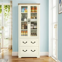 Dextrus 76'' Kitchen Pantry Cabinet with 2 Drawers, Tall Storage Cabinet with Glass Doors & Adjustable Shelves, Beige
