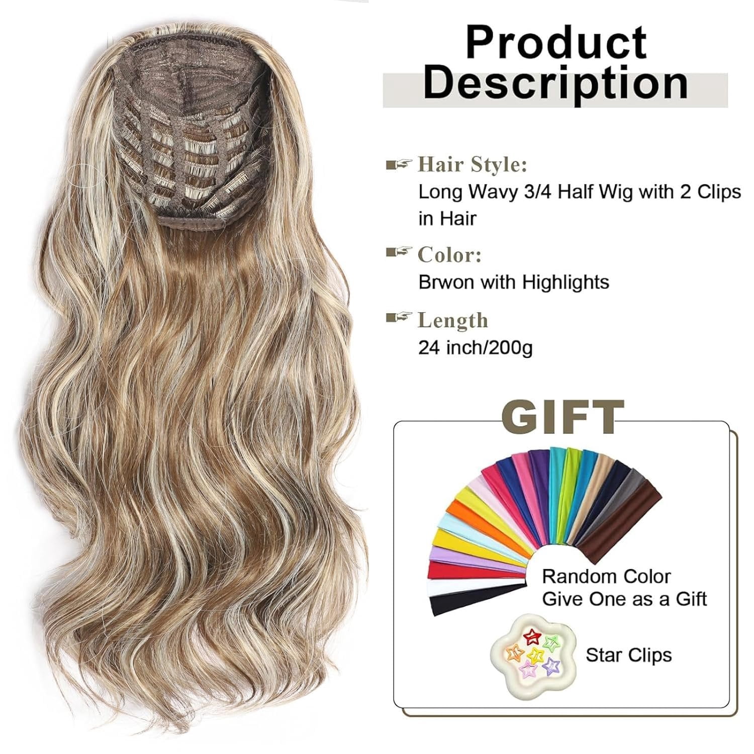 Half Wig Long Wavy highlights Wig 3/4 Full  24 Inches Curly Half Wigs Clips in  Synthetic Hair Extensions Hairpieces for Women Quick Weave Self Styled in 60 Seconds Half Wigs