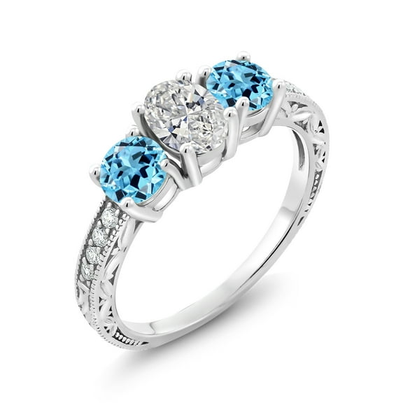 Gem Stone King 10K White Gold IGI Certified Lab Grown Diamond and Swiss Blue Topaz 3 Stone Engagement Ring for Women | 2.38 Cttw | Center Diamond Oval 1 Ct | E-F Color | VS1-VS2 Clarity | Size 7