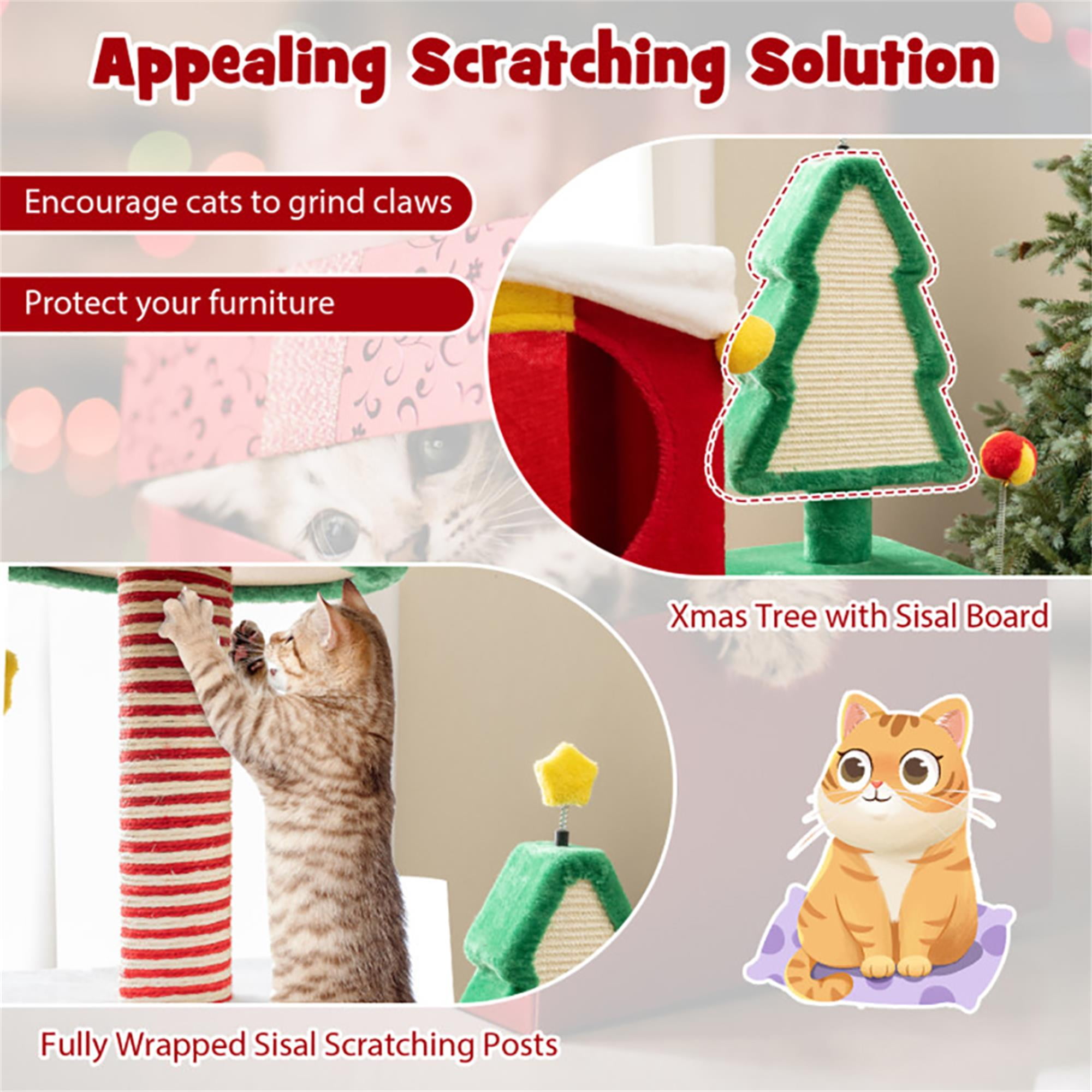 Kadyn 61" Cute Christmas Cat Tree for Indoor Cats with Scratching Posts and Carpet, Multi-Level Cat Tower with Gift Box-shaped Cat Condos, Multicolor