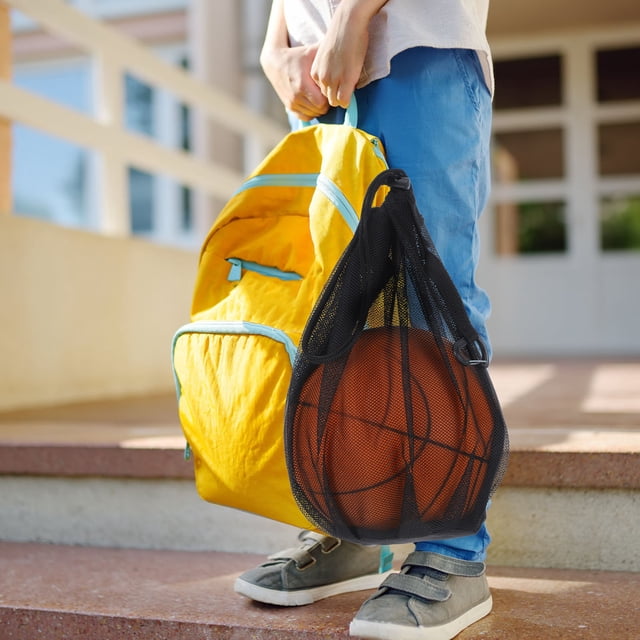 OUNONA Durable Black Mesh Ball Bag with Zip Pocket Drawstring for Basketball Soccer Football