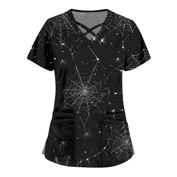Women's Halloween Nurse Scrub Tops Loose Print Workwear Scrub Shirts Short Sleeve V Neck Stretchy Fall T-Shirts with Pockets