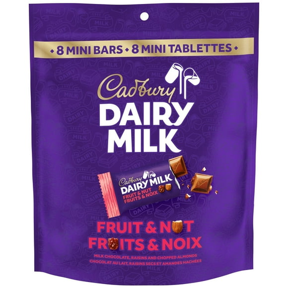 CADBURY DAIRY MILK, Fruit & Nut Chocolate Bar, Milk Chocolate with Raisins and Chopped Almonds, Bag of 8 x 18 g Mini Bars, 144 g, CADBURY DAIRY MILK FRUIT&NUT MINI BARS 144G 8