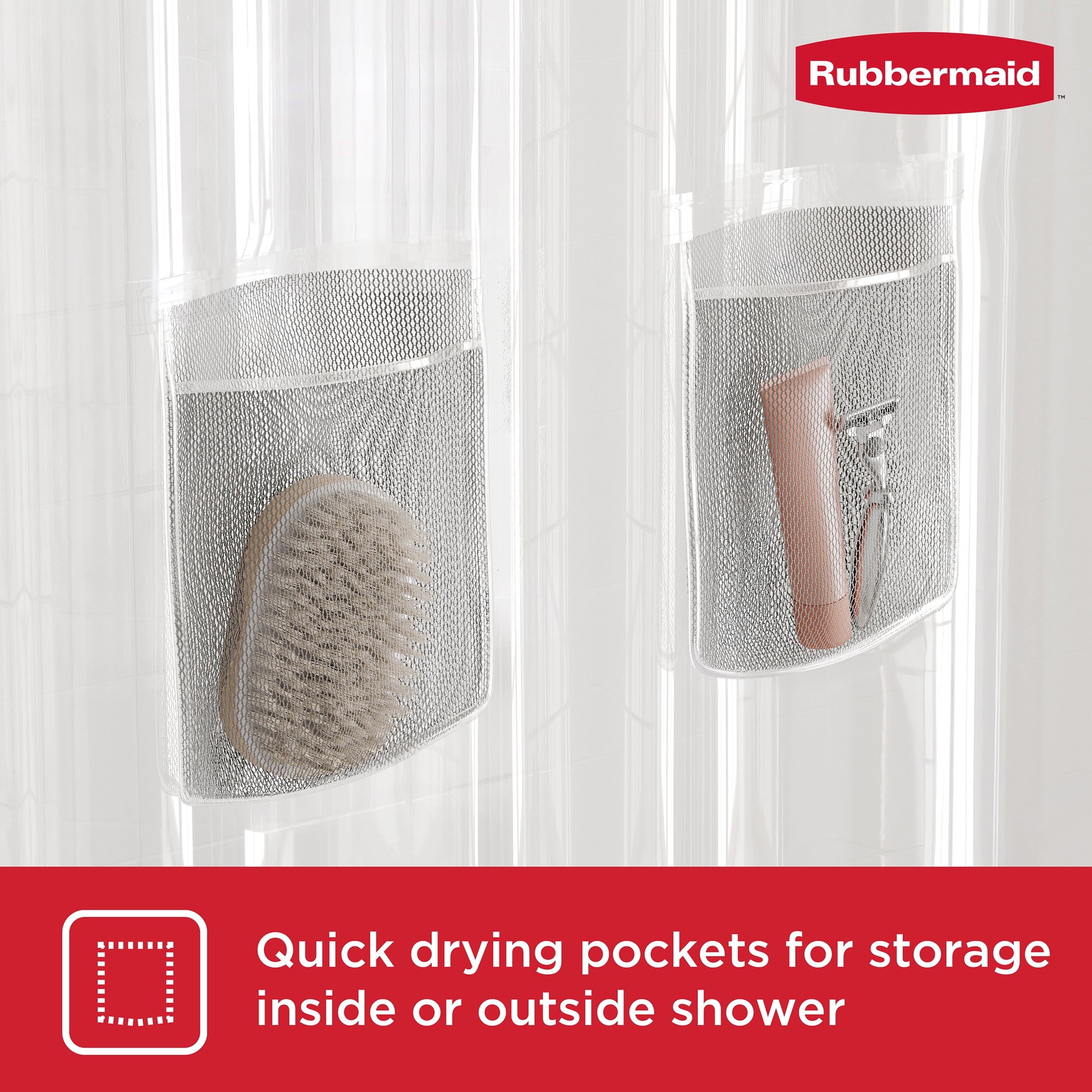 Rubbermaid Clear Heavyweight Waterproof PEVA Shower Curtain Liner with Storage Pockets, BPA-Free, 70 x 72 Inches