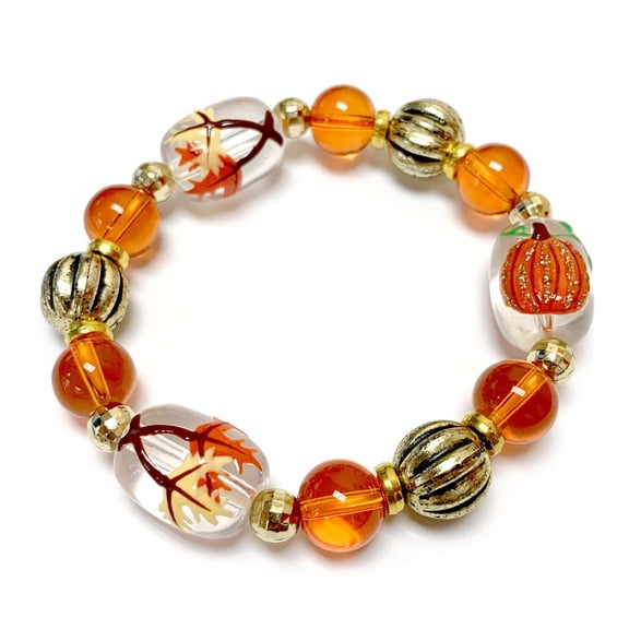 Fall Bracelet, Autumn Jewelry for Women, Leaves Pumpkin Glass Beaded Stretch Bracelet, Christmas White Elephant Gift for Her, 1 Pc