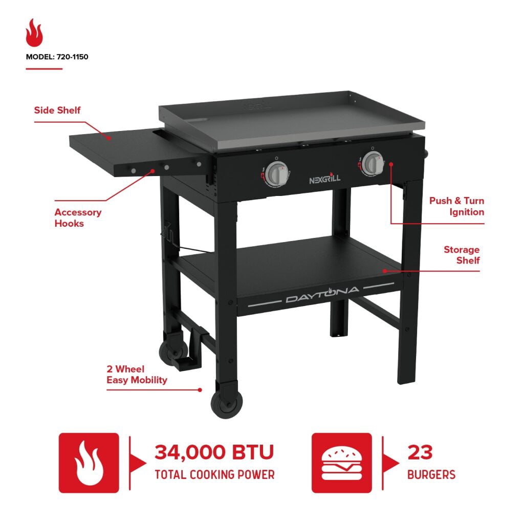 Nexgrill Daytona 2-Burner Propane Flat Top Grill – Portable Outdoor Griddle Gas Grill for Camping, Tailgating & Backyard Cooking – 34000 BTUs, 530 SQ. In. Grill for Burgers, BBQ & More 720-1150