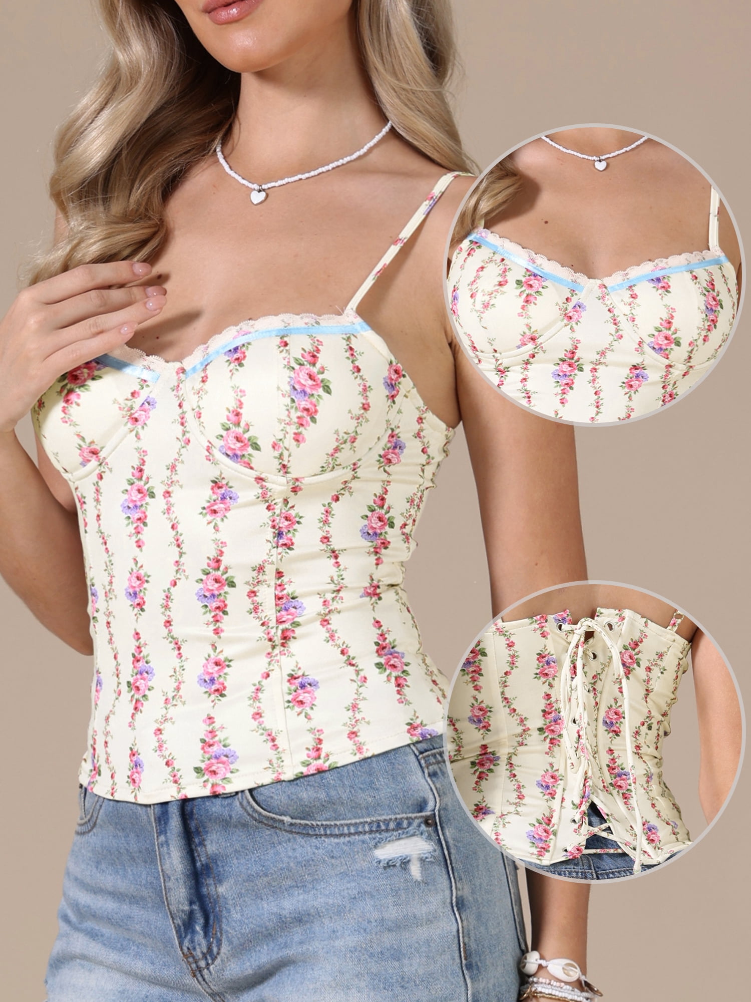 DARING DIVA Women's Floral Tank Tops Going Out Spaghetti Strap Top Crop Camisole S Yellow