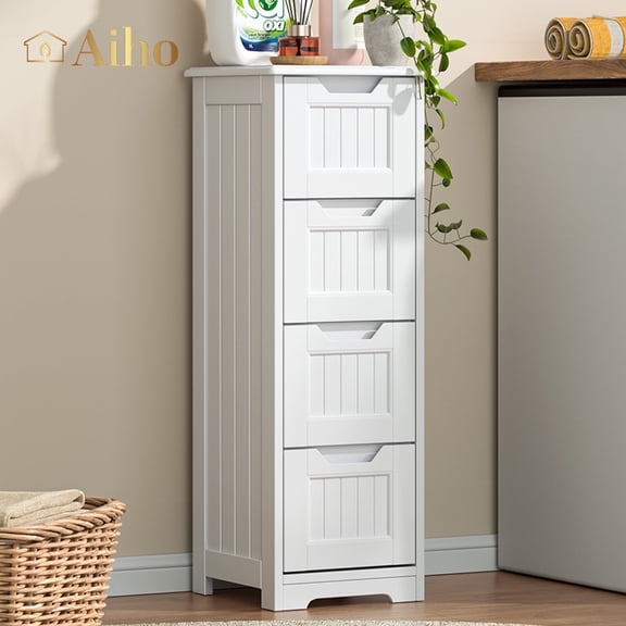 Aiho Wooden Bathroom Floor Cabinet, Side Storage Organizer with 4 Drawers - White