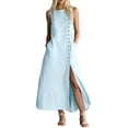 thumbnail image 2 of Guieoi Summer Dresses for Women under $10 Plus Size Decorative Button Cotton-Linen Loose Sleeveless Split-Hem Maxi Dress Blue S, 2 of 7
