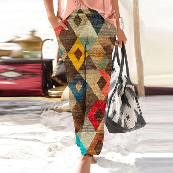 DPTALR Women's High Waist Elastic Waist Boho Print Wide Leg Beach Pants with Pockets,Brown,Size L