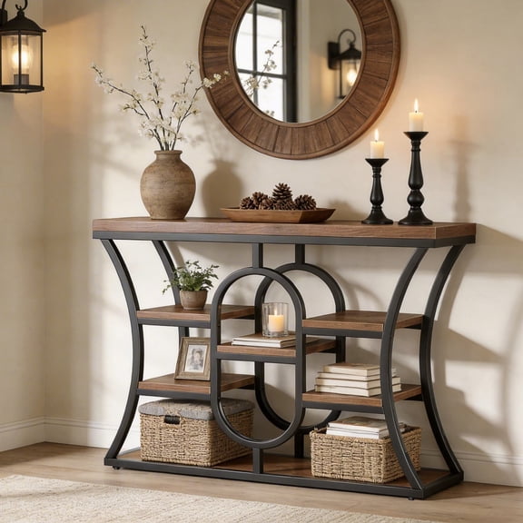 Finmind 41.3-inch Console Table, Industrial Entryway Table with Storage Shelves, Small Narrow Sofa Console for Living Room, Behind Couch, Rustic Brown