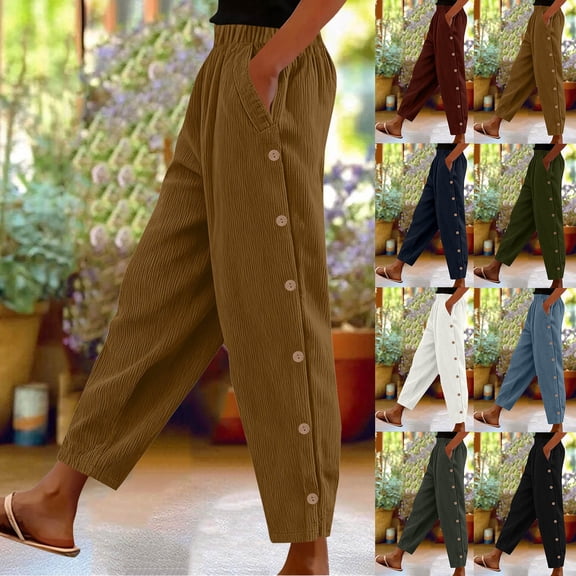 TAGOLD Women Casual Pants Solid Color Elastic Waist Corduroy Side Pocket Button Long Pants