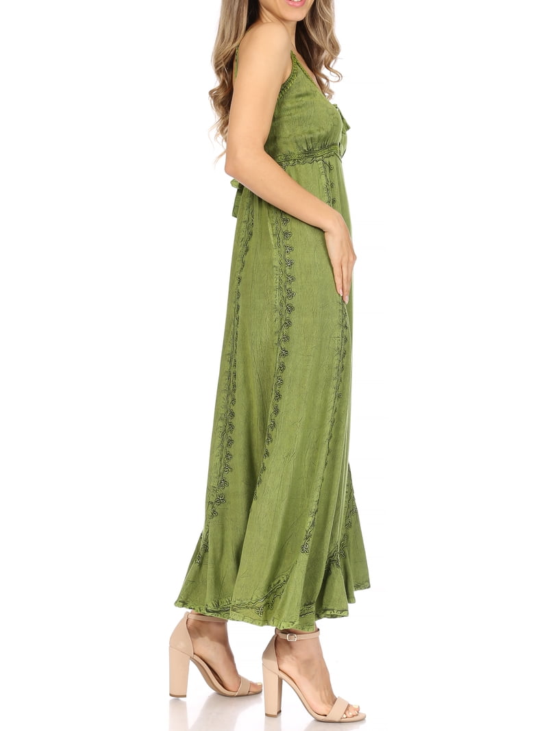 Sakkas Allie Stonewashed Embroidered Adjustable Spaghetti Straps Long Dress  - Green - L/XL - Walmart.com