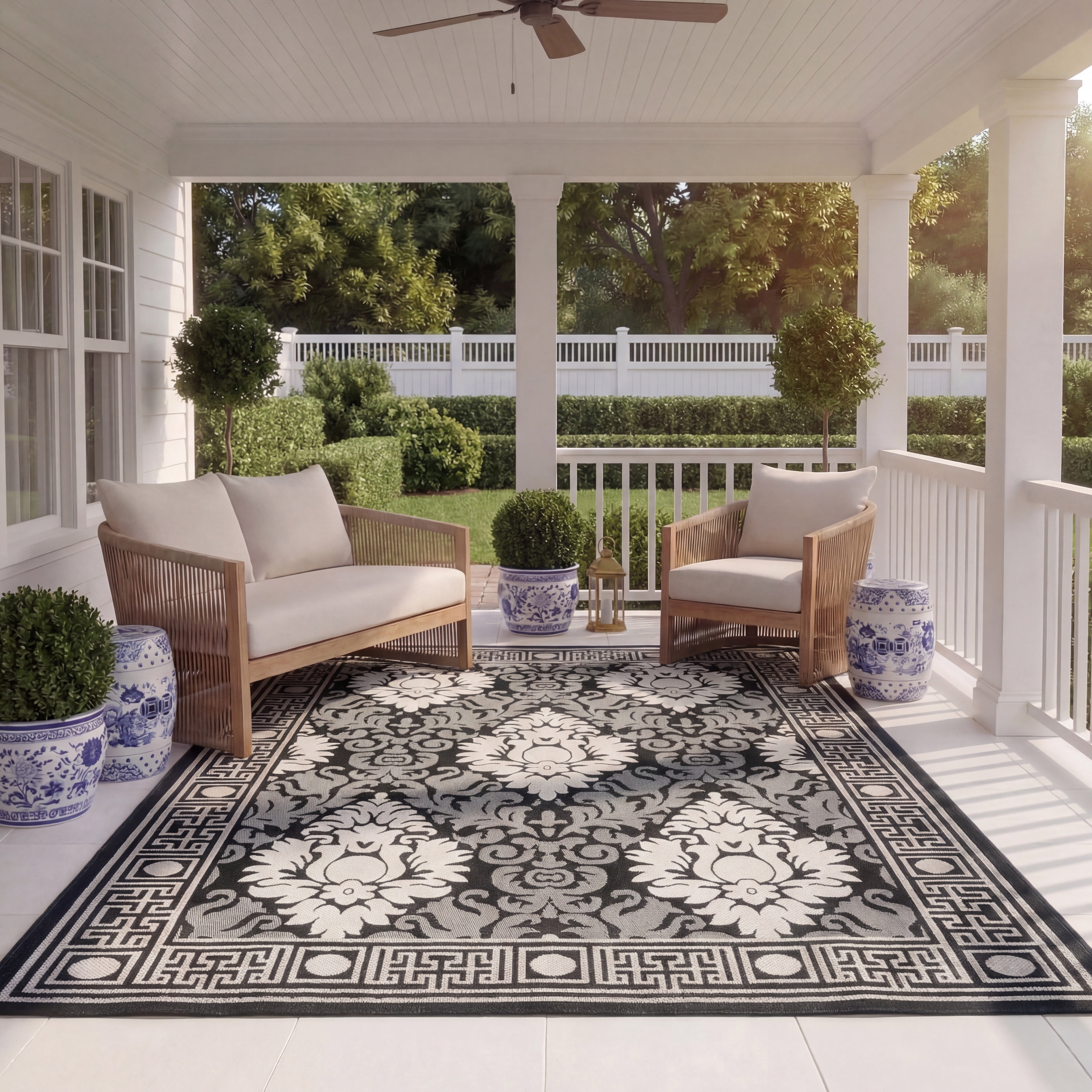 Safavieh Courtyard Jessie Damask Indoor/Outdoor Area Rug, Black/Sand, 7'10" x 7'10" Square