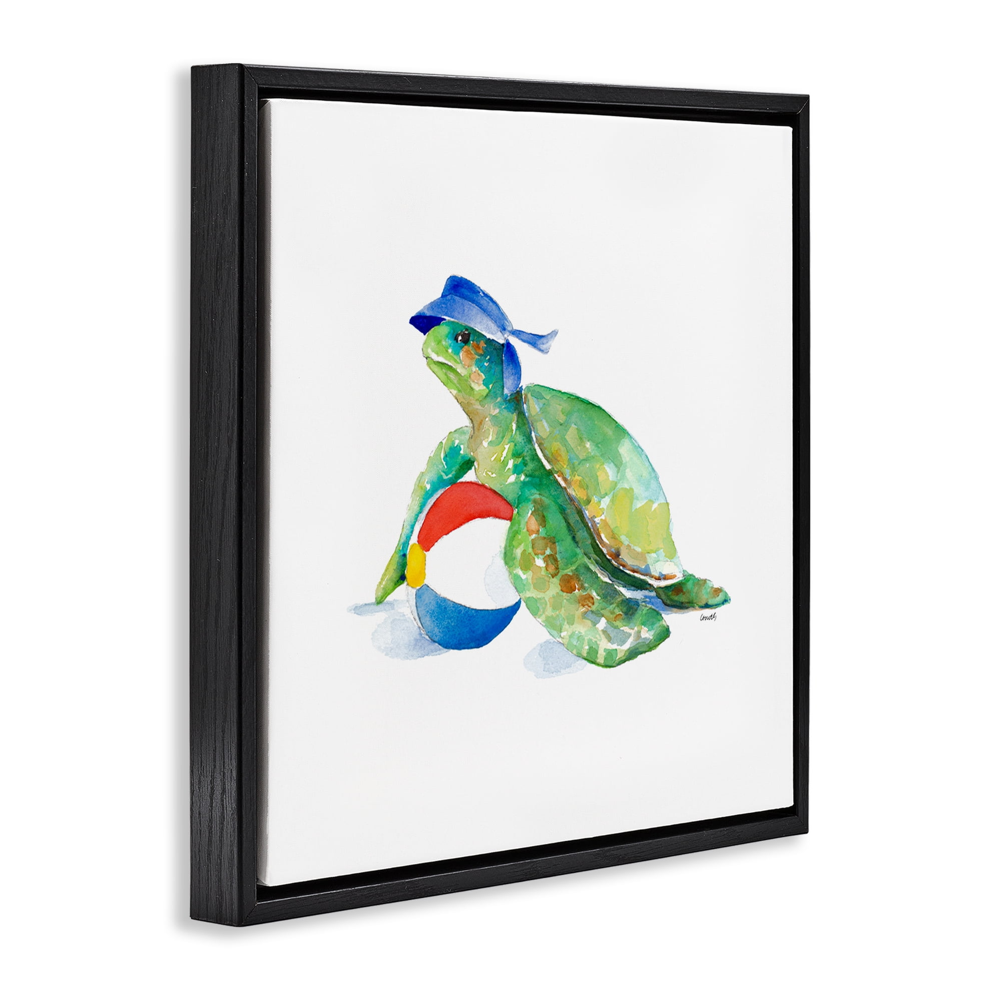 Stupell Industries Turtle & Beach Ball Novelty Painting Black Floater Framed Canvas Art Print Wall Art, 25 x 25