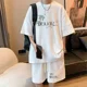 thumbnail image 5 of Chándal informal de moda de gran tamaño de verano, traje holgado para correr con diseño de gofre, camiseta holgada de manga corta y pantalones cortos deportivos, conjunto de 2 piezas para hombre, 5 of 5