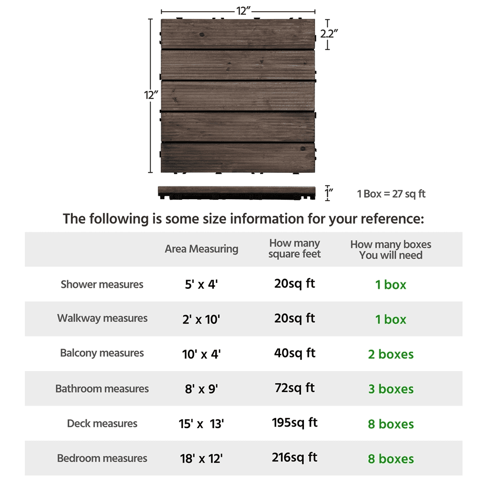 Smile Mart 12" x 12" Interlocking Wood Flooring Tiles for Indoor & Outdoor, 11pcs, Black