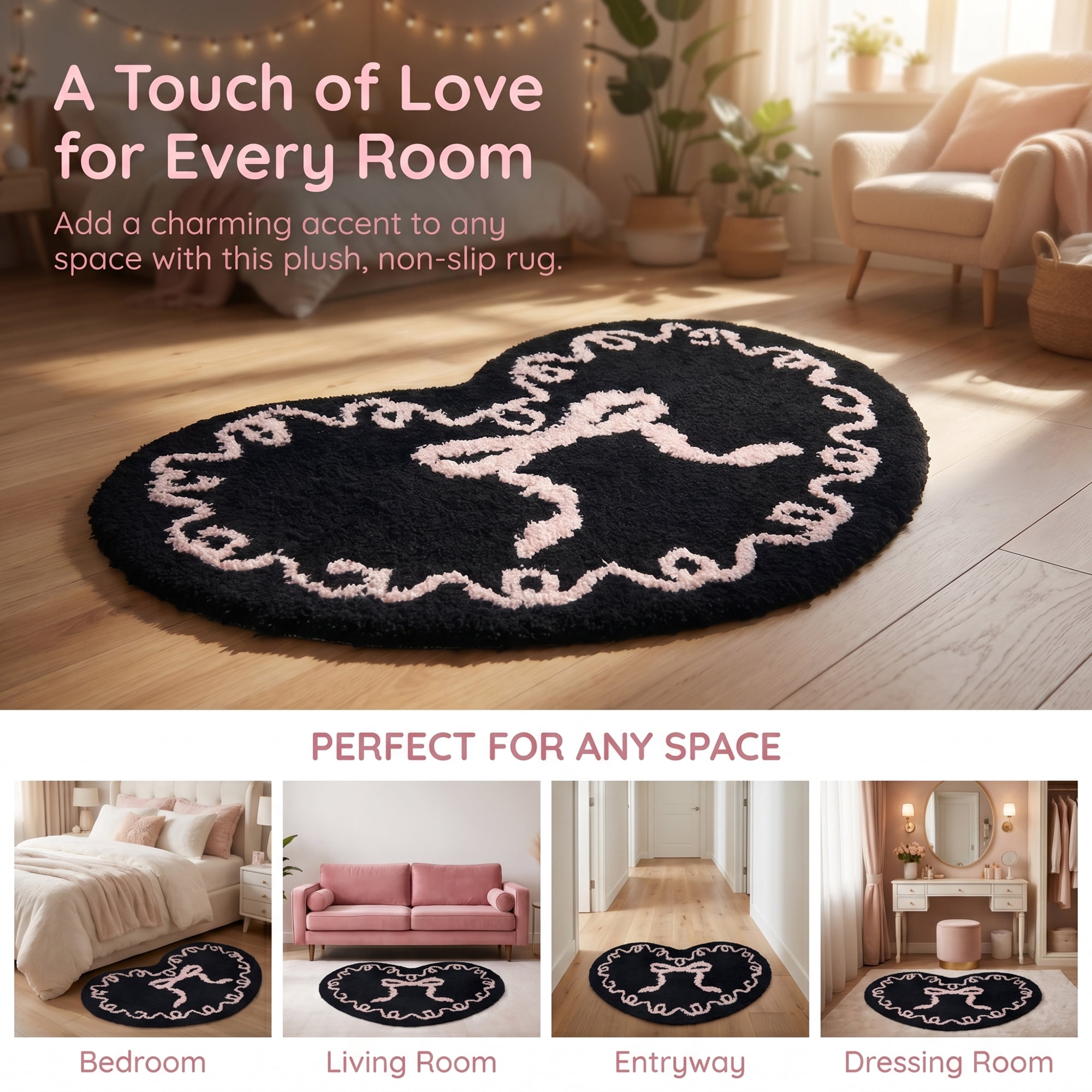 Unique Bargains Heart Shaped Shaggy Faux Fur Area Rug Non Slip Soft Plush 24" x 16" Black