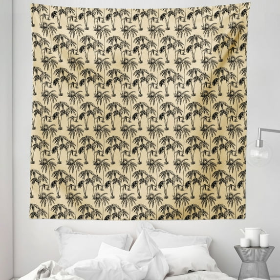 Tree Tapestry, Tropical Palm Trees Hawaiian Exotic Abstract Foliage Old Paper Backdrop, Fabric Wall Hanging Decor for Bedroom Living Room Dorm, 5 Sizes, Sand Brown Chocolate, by Ambesonne