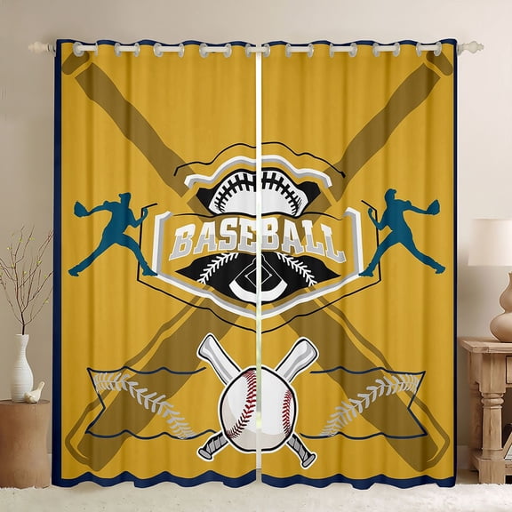 Feelyou Softball Sports Lover Blackout Curtains Set of 2 (52x84 Each), Eat Sleep Baseball Window Curtains, Teens Kids Boys Girls Curtains and Drapes, Gold Blackout Curtains Room Decor