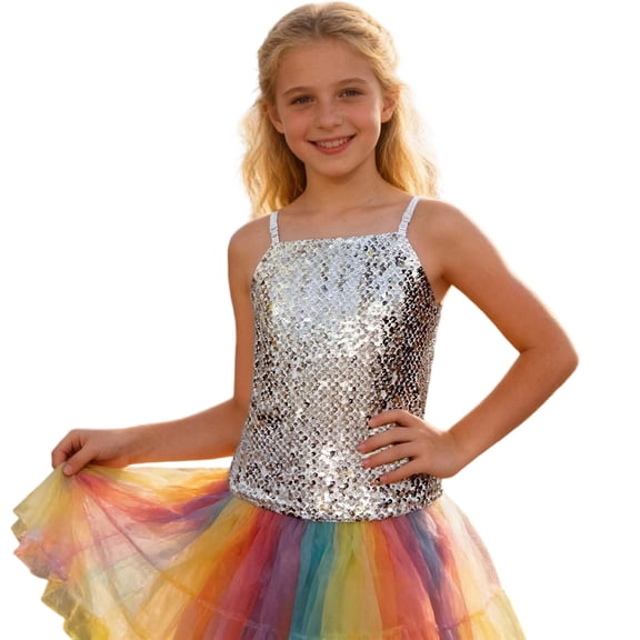 YUQIN Soft Tops Girls Sequin Tank Tops Sleeveless Adjustable Spaghetti Strap Crop Cami Top Carnival Sparkly Dance Blouse For Children Children Basic Tees