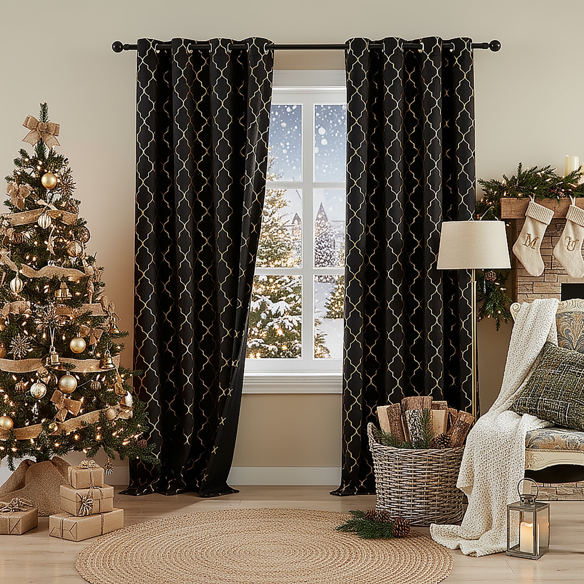 Bohogeo Full Blackout Window Curtain Panels for Bedroom,Black Modern Room Darkening Drapes with Gold Geo Metallic Moroccan Pattern Printed,Grommet Window Treatment,52" Wx84 L(Pack of 2),Black/Gold