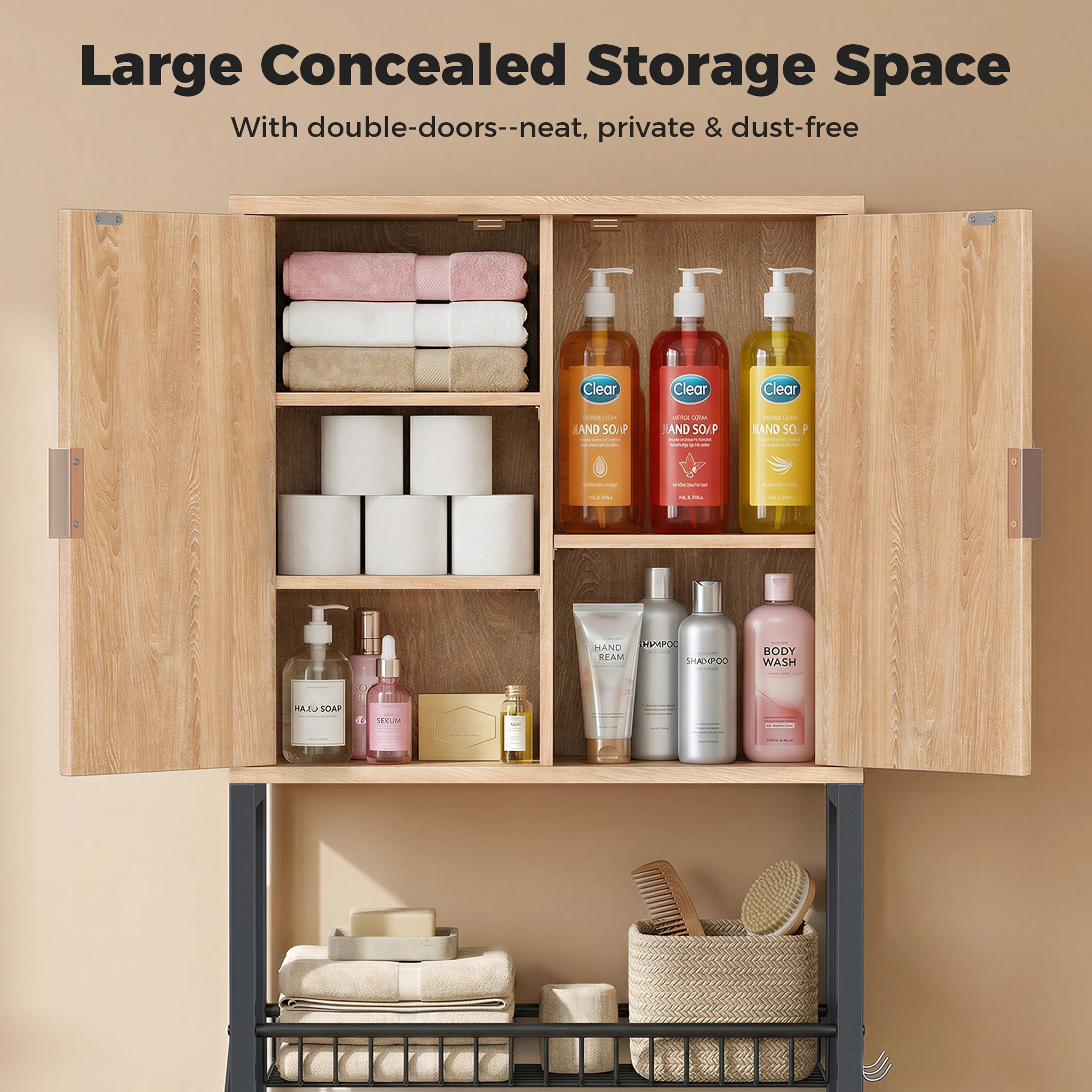 Biemlerfn Over the Toilet Storage Cabinet, Bathroom Storage Organizer with Adjustable Shelf, Toilet Paper Holder & Hooks, Freestanding Space Saver, Natural