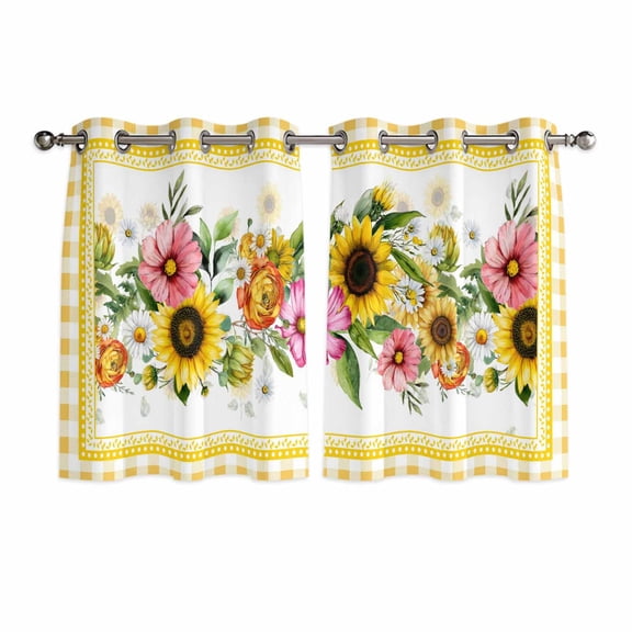 Sunflower Kitchen Curtains Window Panels, Pink Yellow Floral Elegant Pastoral Checkered Insulated Window Treatment Curtain, Grommet Curtains for Bedroom/Living Room/Bathroom, 2 Piece 52"Wx45"L