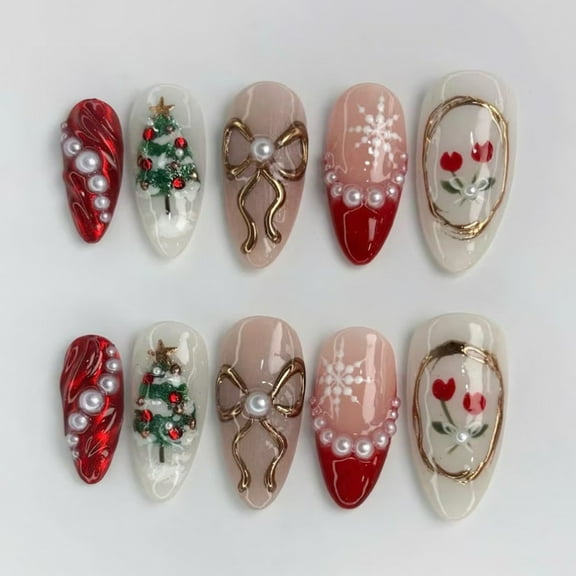 Christmas Press on Nails, 30PCS New Design Fake Nails with 3D Pearls, Bows & Snowflakes, Gilded Foil Accents, Reusable DIY Nail Art Kit for Holiday Manicure
