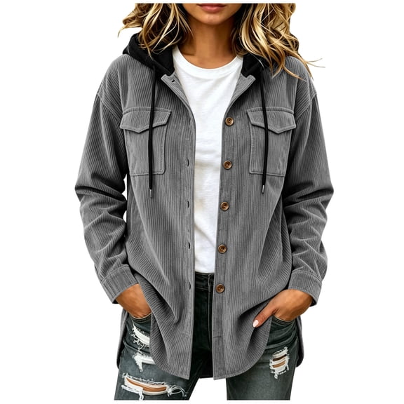 MaFYtyTPR Women's Corduroy Hooded Jacket Casual Button Down Shacket Long Sleeve Hoodie Shirt Coat with Pockets Gray L