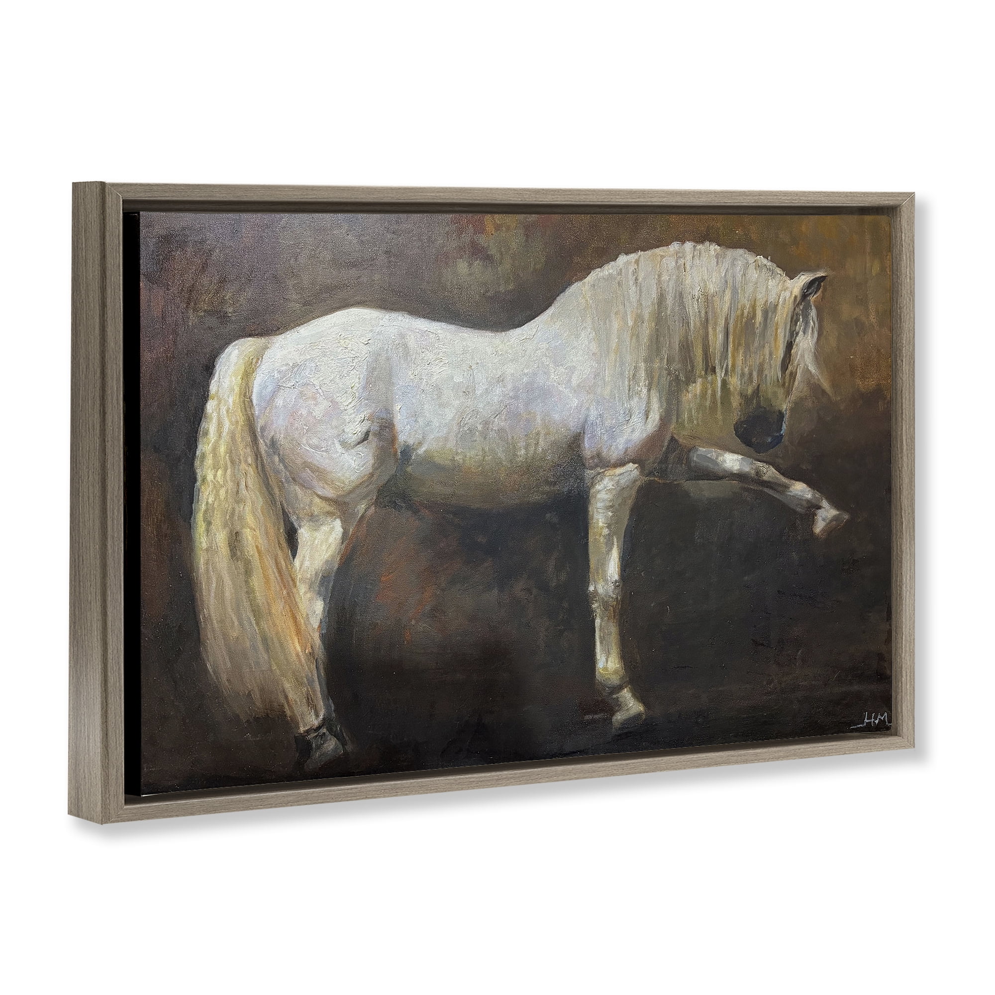 Stupell Industries Elegant White Stallion in Motion Brown Framed Floater Canvas Wall Art, design by Hilary McCarthy
