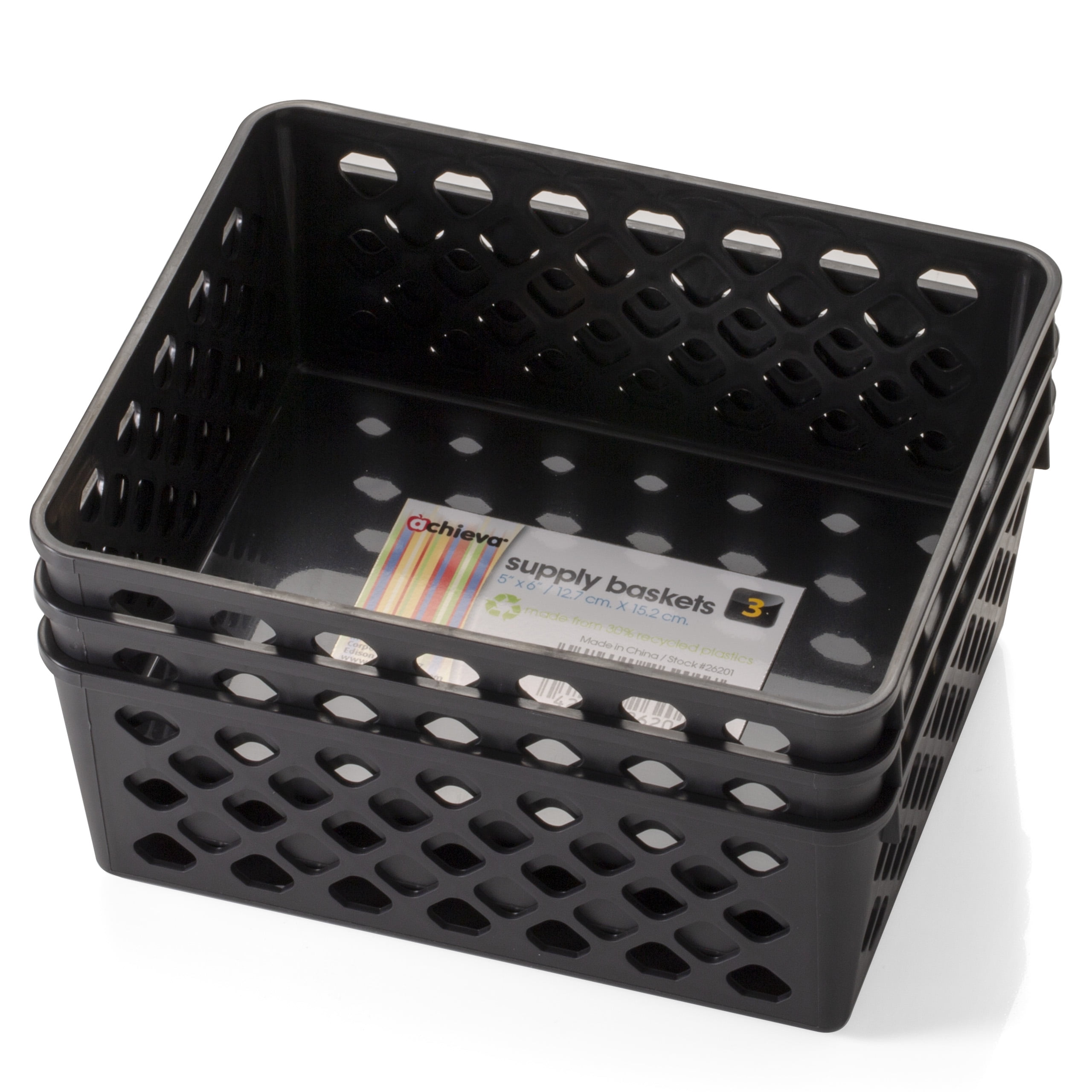 Officemate OIC Achieva Medium Supply Basket 26201 Black Pack of 3 Recycled 