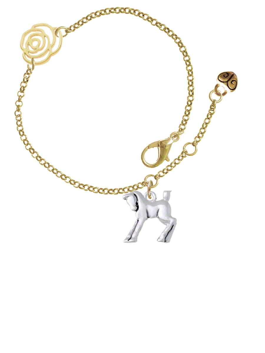 Delight Jewelry Silvertone Equestrian Horse Gold-tone Rose Link Chain Bracelet, 6.25"+1.75" Extender