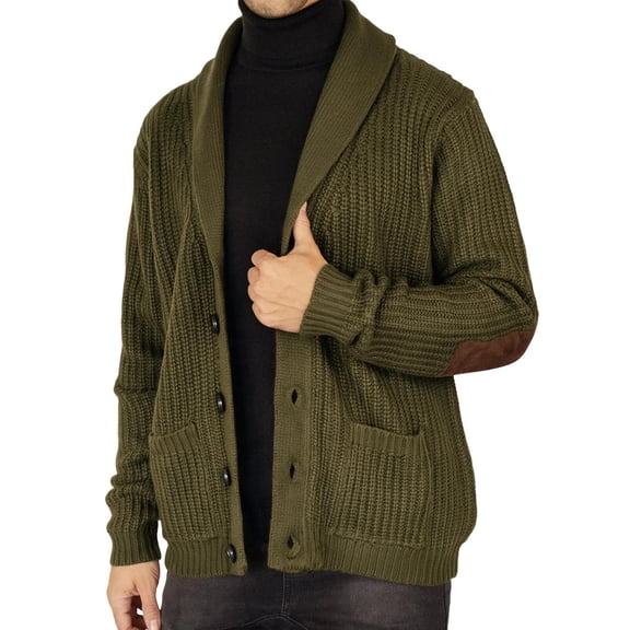 Rrxhxhs Mens Cardigan Solid Color Shawl Collar Button Front Long Sleeve Elbow Patch Loose Casual Sweater Cover Up with Pockets