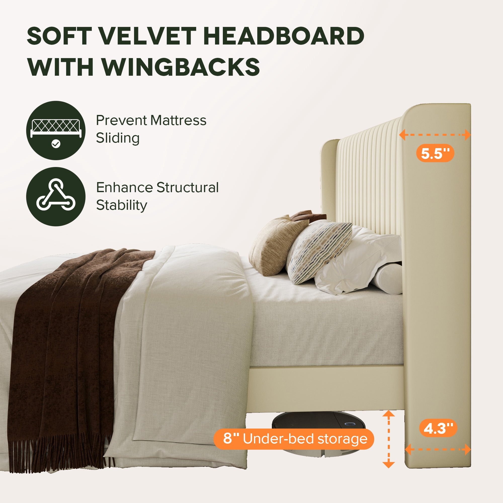Einfach King Bed Frame, Upholstered Platform Bed with Wingback Headboard, No Box Spring Required, Cream White