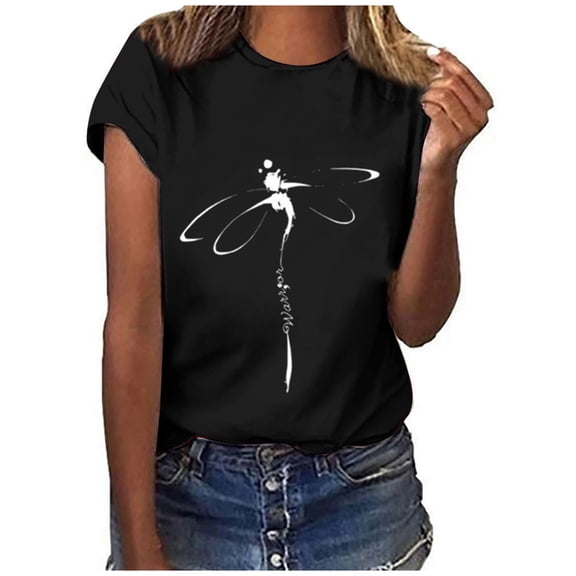 WEIWEN Womens T-Shirts Black Graphic Tees Short Sleeve Crew Neck Dragonfly T Shirts for Women Casual Comfy Basic Tops Ladies Tshirts (Black, L)