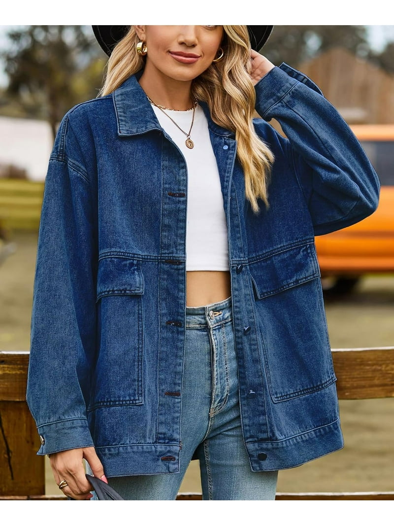 Women's Oversized Denim Jacket Casual Long Sleeve Vintage Jean