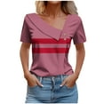 thumbnail image 2 of Shirts for Women under $10 Short Sleeved V-Neck Stripe Printed Button Shirt Casual T-shirt Wine S, 2 of 6