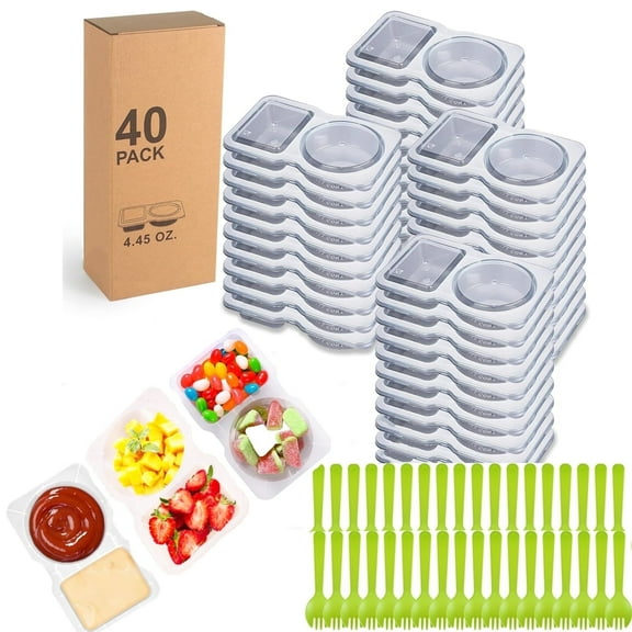 40Pcs Snack Containers with Lids & Spoons, 2 Compartment Condiment Containers for Sauce and Snacks for Lunches Picnics Camping