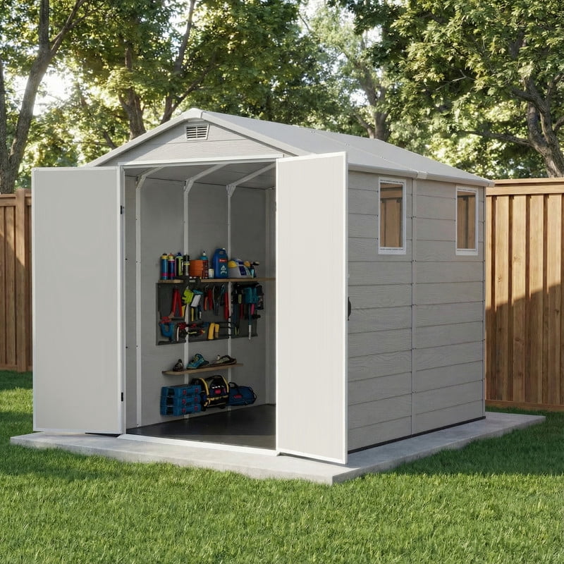 Homall 6x8ft Outdoor Resin Storage Shed with Window,Weather-Resistant, Easy Assembly, Wood-Effect Outdoor Shed for Garden & Tool Storage ,Light Gray