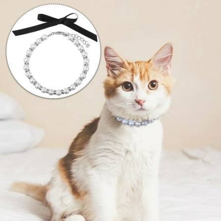 Raindrops White Synthetic Pearl Necklace with Adjustable Clasp for Pet Use Sparkling Imitation Pearls and Ribbon Bow Pet Jewelry