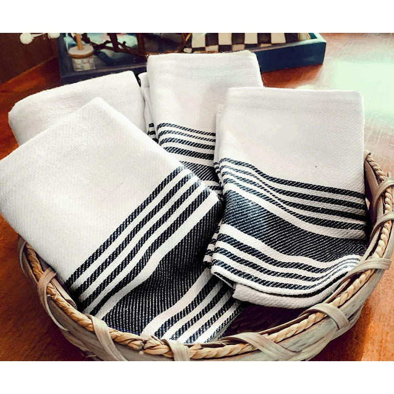 Kitchen Towels Set 4 Striped Dish Towels Absorbent Cotton Tea Towels Black  18x28