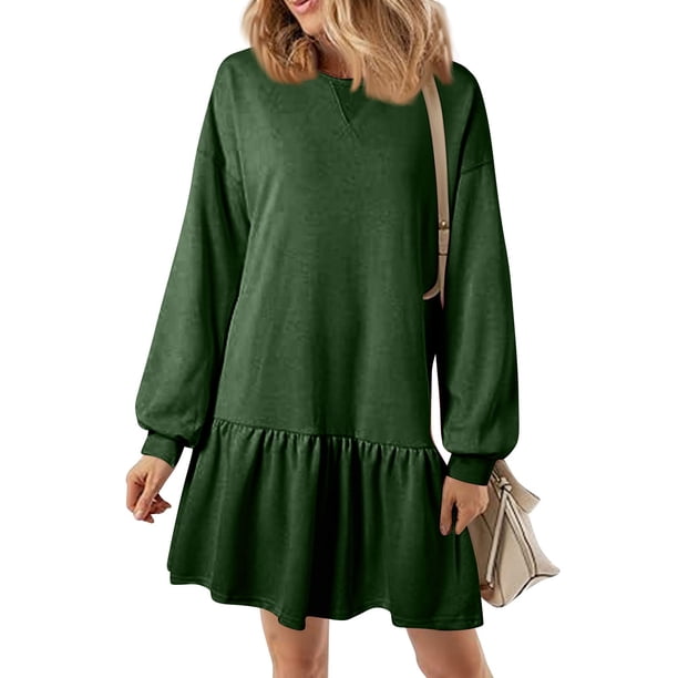 Vestido de manga larga para mujer 2025 Otoño - Minivestido tipo sudadera con cuello redondo y tejido de punto acanalado