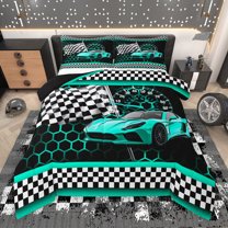 Manfei Cyan Racing Car Full Size Comforter Sets for Boys, Modern Checkered Flag Bedding Comforter Set, Fashion Honeycomb Reversible Bedding Sets, Microfiber Bedroom Decor, 3 Pieces