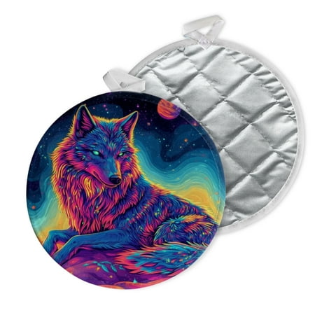 

2 PCS Pot Holders for Kitchen Potholders Sets with Hook for Oven Cooking Baking Psychedelic Wolf With Vibrant Neon Colors