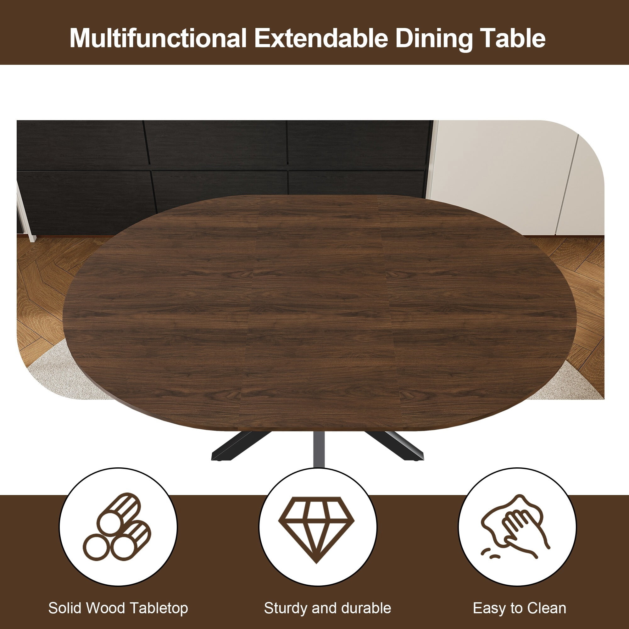 AENKYO 42"-58" Expandable Round Dining Table, Walnut Brown Wood Top & Black X-Base Pedestal, Seats 4-6