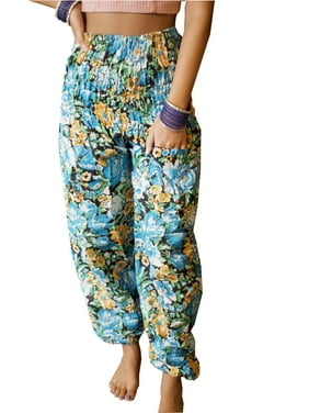 Mogul Women Blue Floral Pants, Casual Pant Wide Leg Printed Trendy Summer Cotton Boho Harem Pants SM